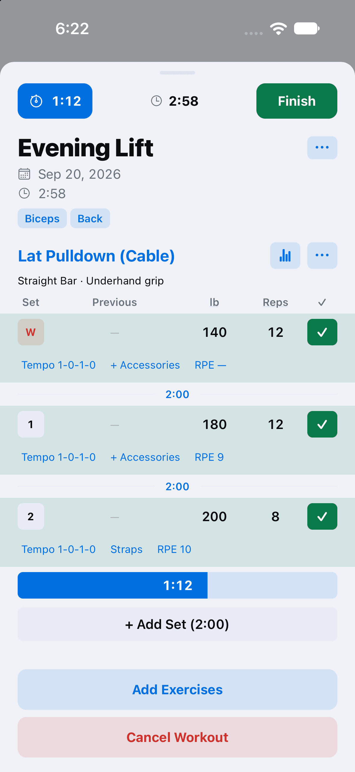 Logbook live workout showing completed lat pulldown sets, workout context, tempo, accessories, RPE, and an active rest timer